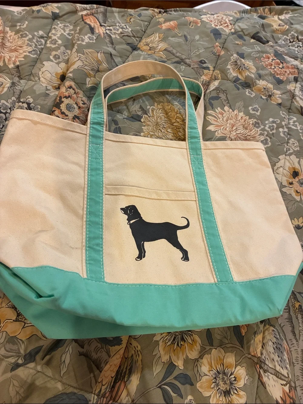The Black Dog Cream Tote with Turquoise Trim and Black Dog Silhouette